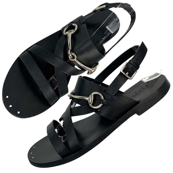 GUCCI Juliette Black Leather Horsebit Open Toe Flat Strappy Summer Sandals 38.5 - Picture 1 of 13